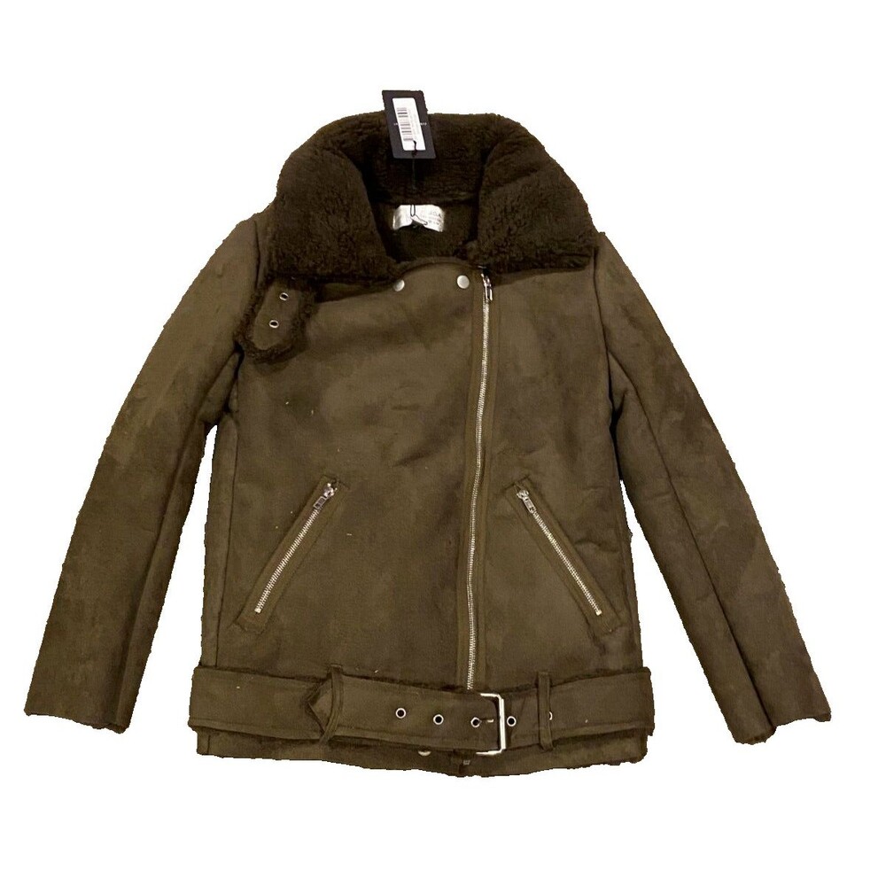 NWT J.O.A. Faux Shearling Biker Moto  Jacket Women's Size XS Olive